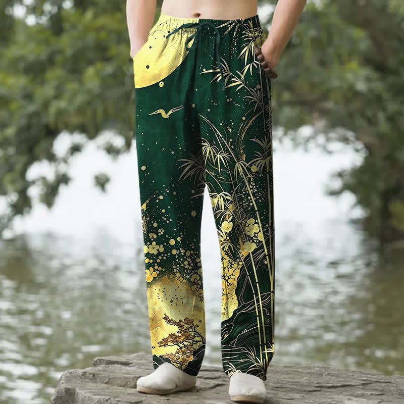 Nimara Ritual Cotton Golden Moon Bamboo Pattern Men's Tapered Pants With Pockets