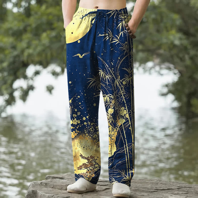 Nimara Ritual Cotton Golden Moon Bamboo Pattern Men's Tapered Pants With Pockets