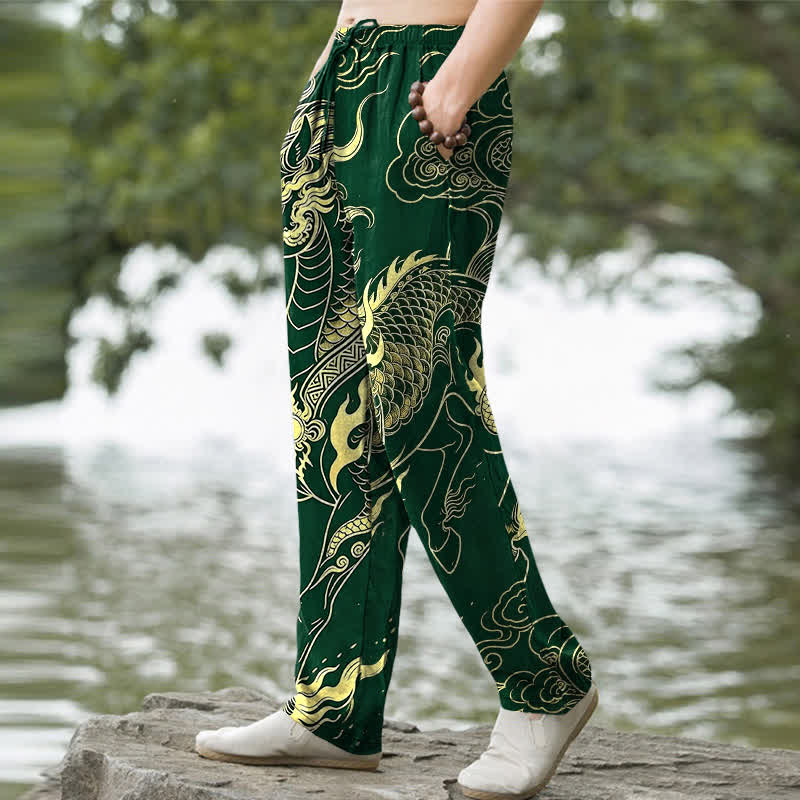 Nimara Ritual Cotton Golden Dragon Auspicious Clouds Pattern Men's Tapered Pants With Pockets