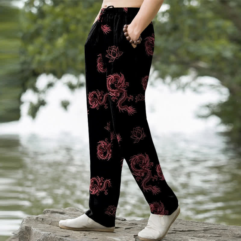Nimara Ritual Cotton Dragon Lotus Pattern Men's Tapered Pants With Pockets