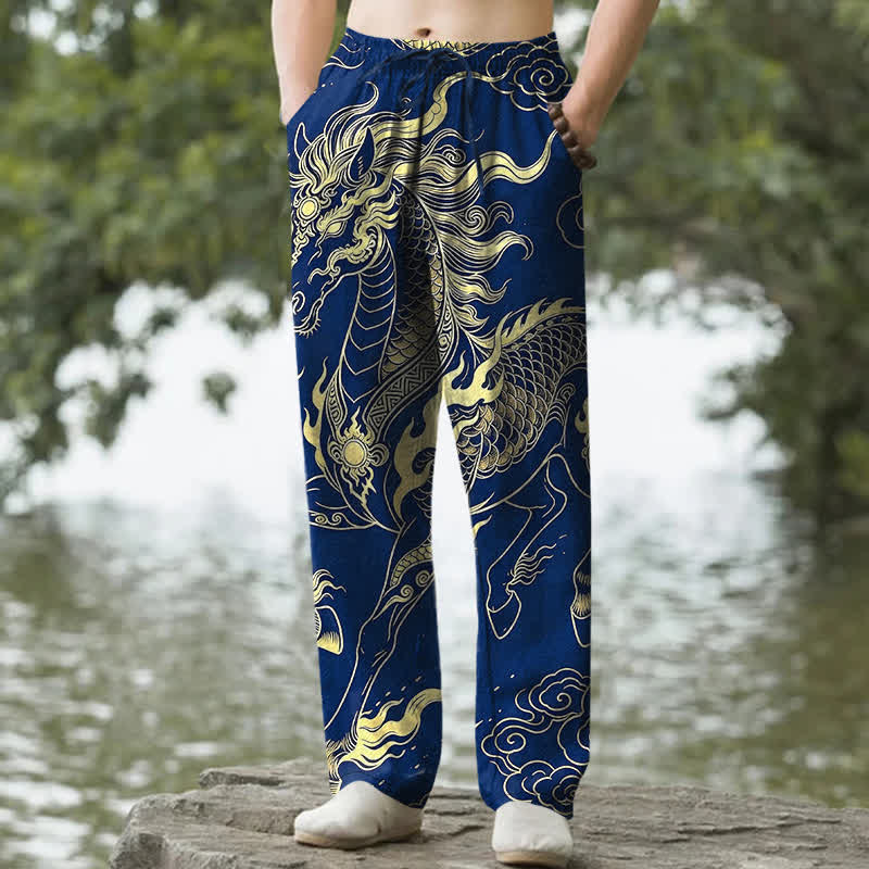 Nimara Ritual Cotton Golden Dragon Auspicious Clouds Pattern Men's Tapered Pants With Pockets