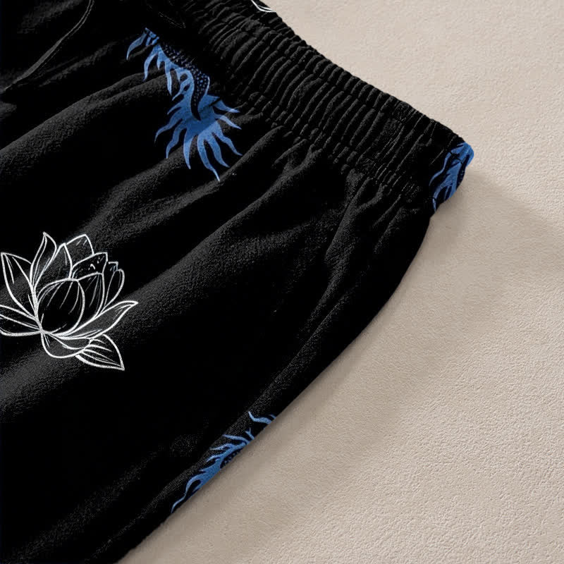Nimara Ritual Cotton Dragon Lotus Pattern Men's Tapered Pants With Pockets