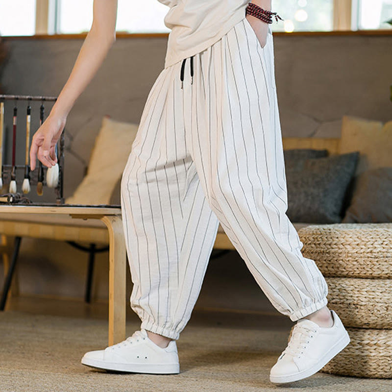 Nimara Ritual Summer Casual Drawstring Striped Men's Harem Pants With Pockets