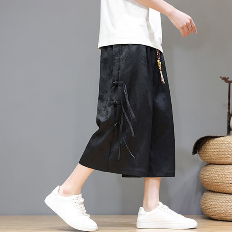 Nimara Ritual Summer Tang Style Side Frog Button Men's Straight Leg Pants With Pockets