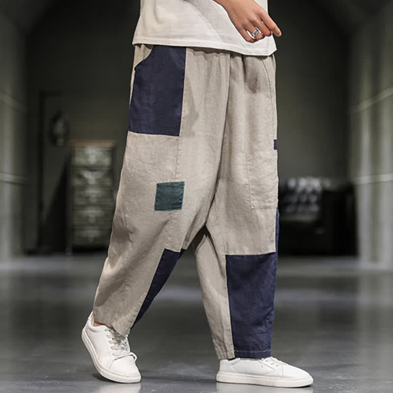 Nimara Ritual Spring Casual Color Block Cotton Linen Cropped Men's Harem Pants With Pockets