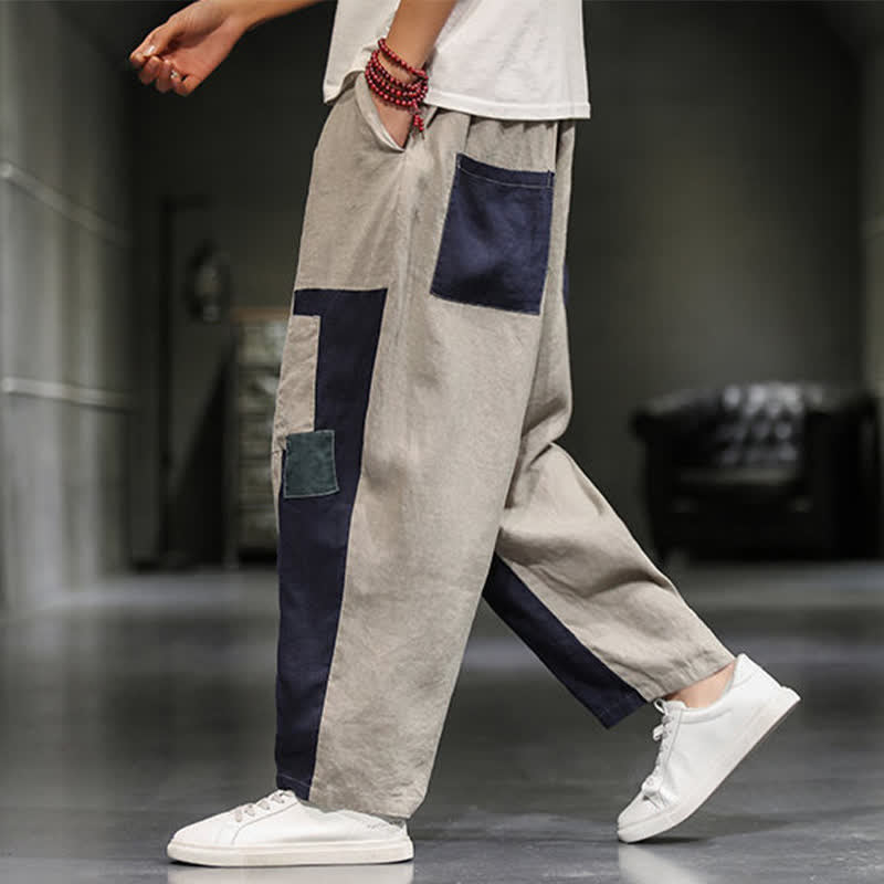 Nimara Ritual Spring Casual Color Block Cotton Linen Cropped Men's Harem Pants With Pockets