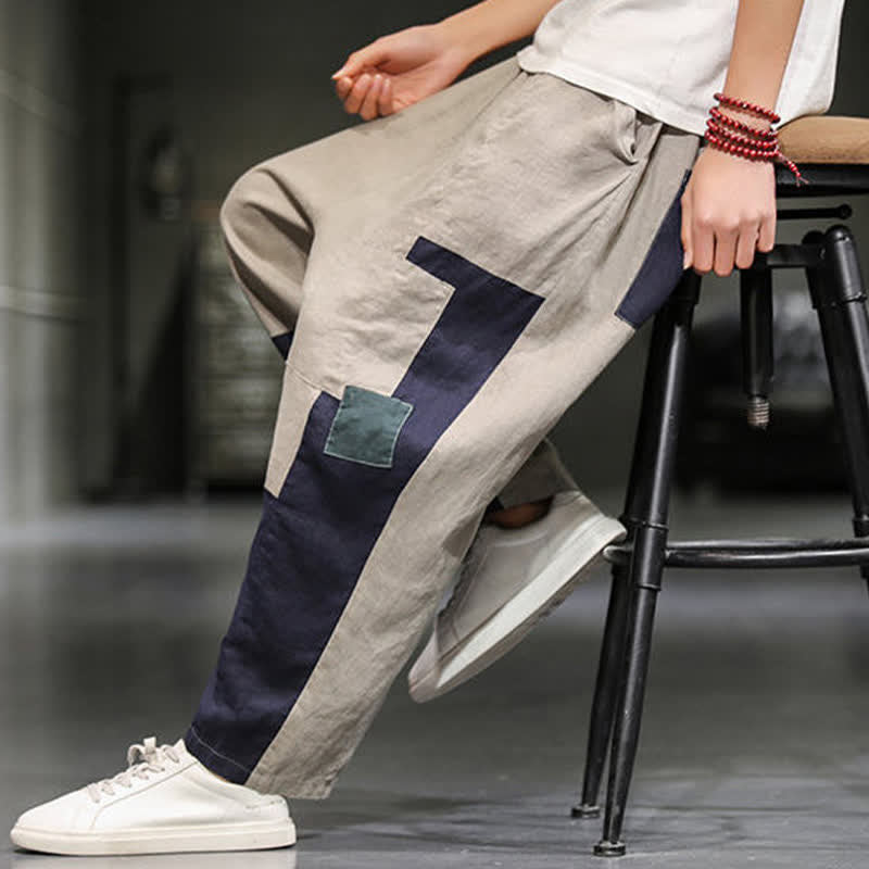 Nimara Ritual Spring Casual Color Block Cotton Linen Cropped Men's Harem Pants With Pockets