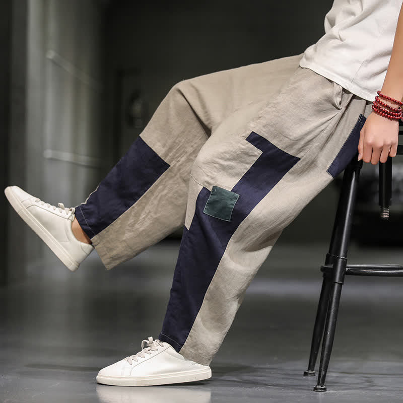 Nimara Ritual Spring Casual Color Block Cotton Linen Cropped Men's Harem Pants With Pockets