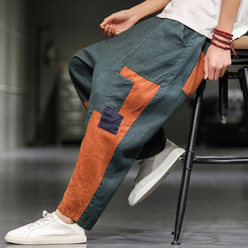 Nimara Ritual Spring Casual Color Block Cotton Linen Cropped Men's Harem Pants With Pockets