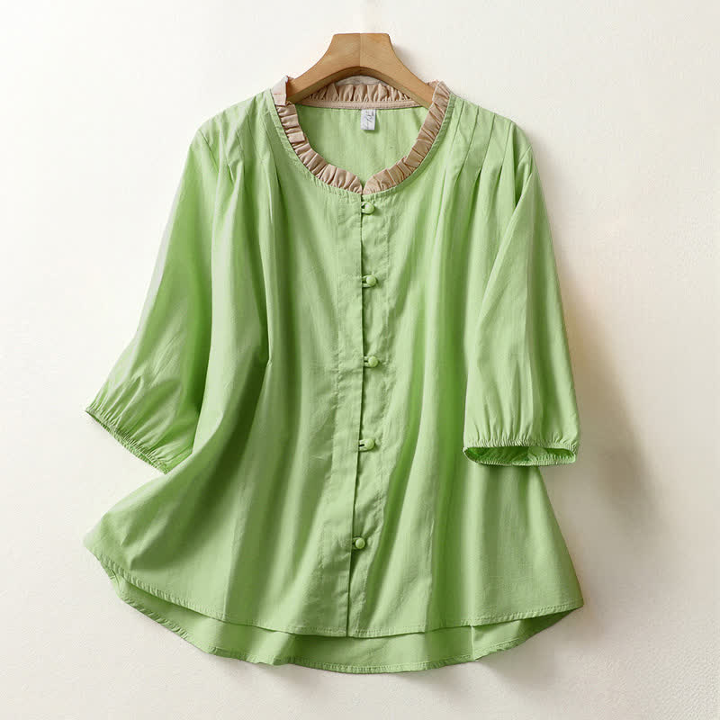 Nimara Ritual Summer Casual Button Up Solid Ruffled Collar Cotton Women's Short Sleeve Shirt