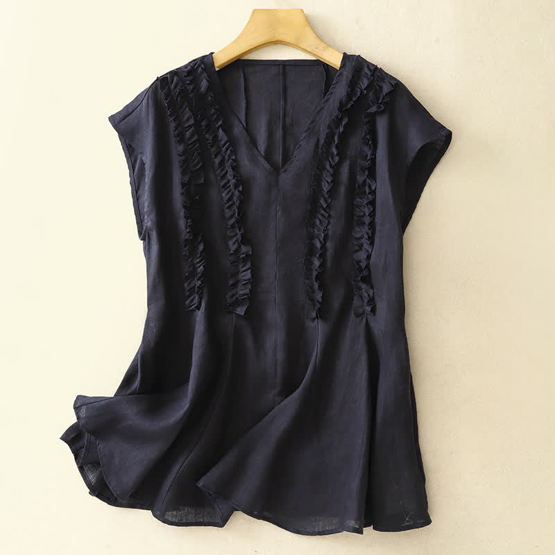 Nimara Ritual Summer Casual Solid V-Neck Vertical Ruffle Pleat Women's Sleeveless T-Shirts Tank Top