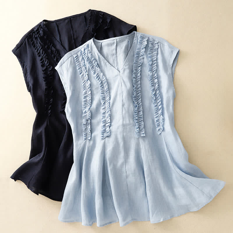 Nimara Ritual Summer Casual Solid V-Neck Vertical Ruffle Pleat Women's Sleeveless T-Shirts Tank Top