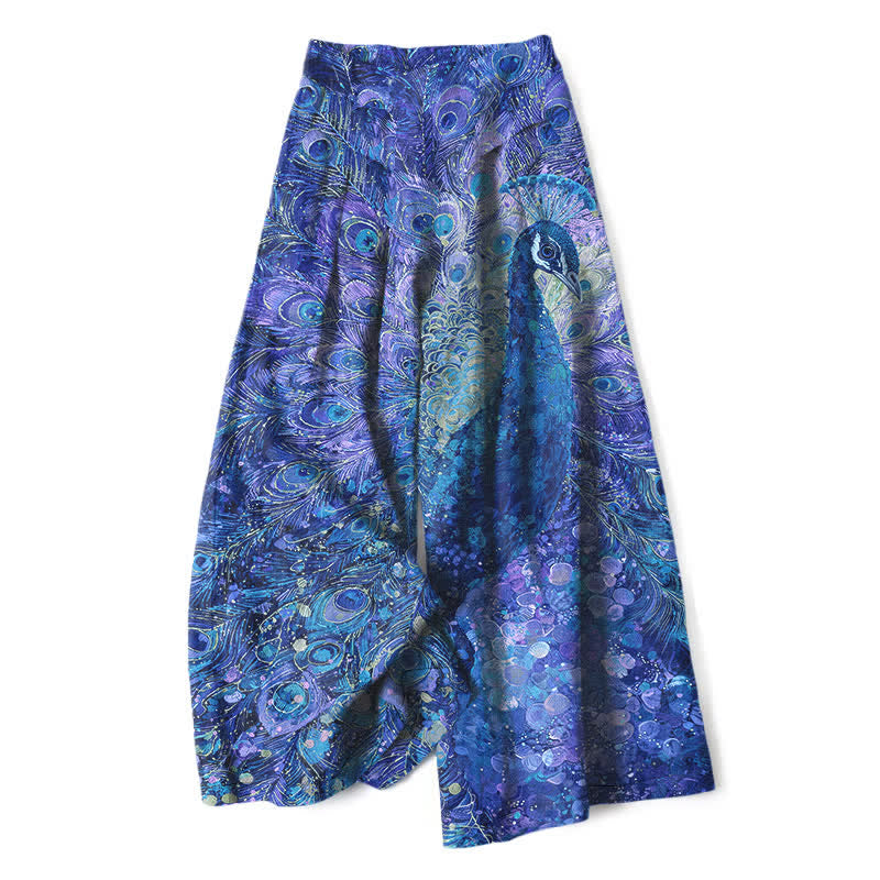 Nimara Ritual Cotton Linen Peacock Feather Pattern Women's Elastic Waist Wide Leg Pants With Pockets