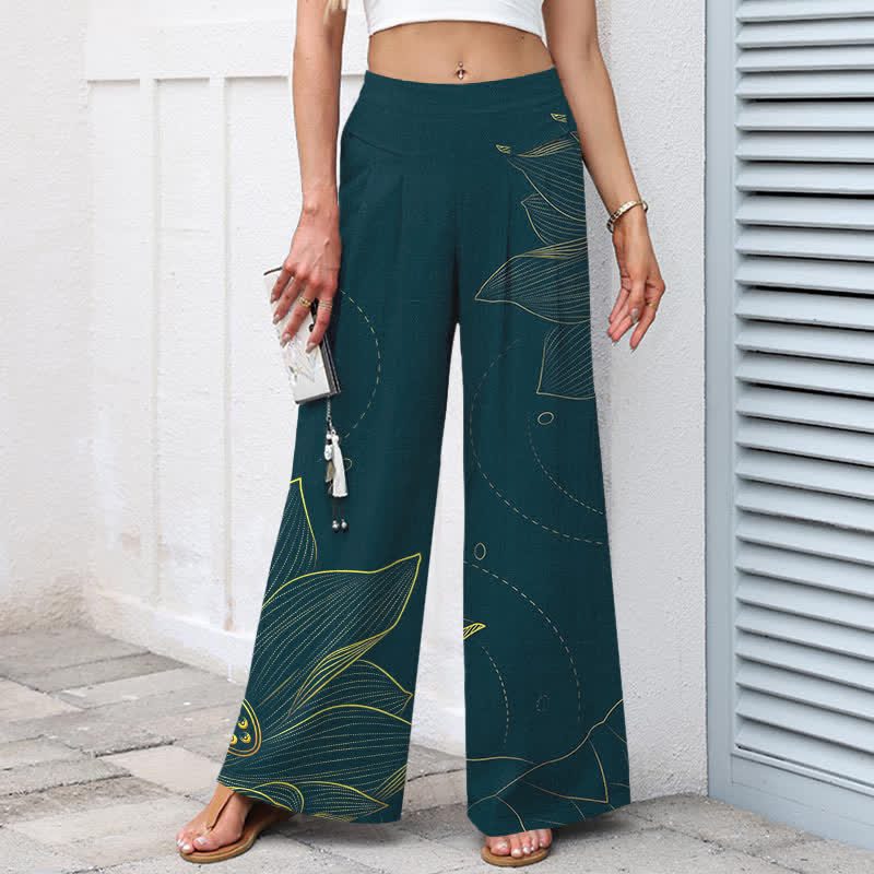 Nimara Ritual Cotton Linen Lotus Line Art Pattern Women's Elastic Waist Wide Leg Pants With Pockets