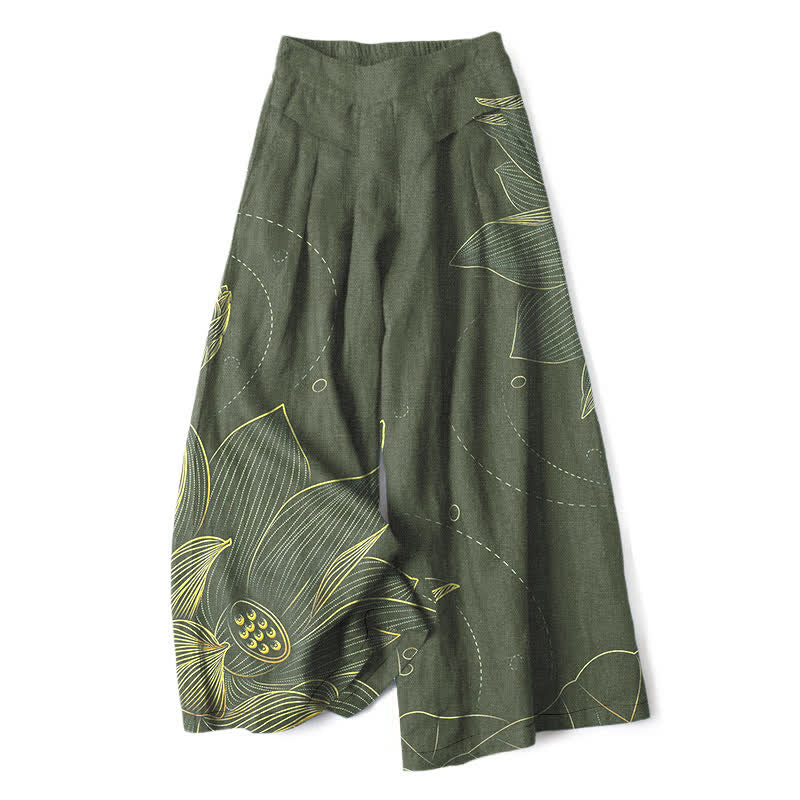 Nimara Ritual Cotton Linen Lotus Line Art Pattern Women's Elastic Waist Wide Leg Pants With Pockets