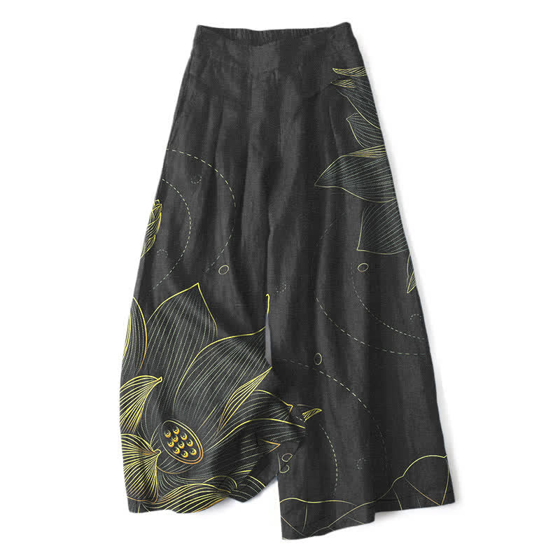 Nimara Ritual Cotton Linen Lotus Line Art Pattern Women's Elastic Waist Wide Leg Pants With Pockets