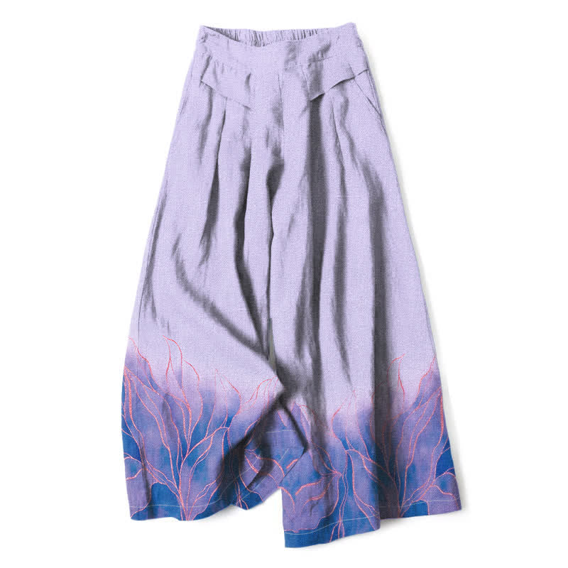 Nimara Ritual Cotton Linen Gradient Leaf Pattern Women's Elastic Waist Wide Leg Pants With Pockets