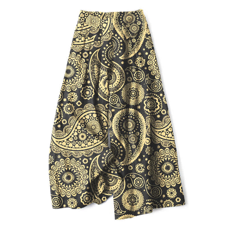 Nimara Ritual Cotton Linen Bohemian Paisley Pattern Women's Elastic Waist Wide Leg Pants With Pockets