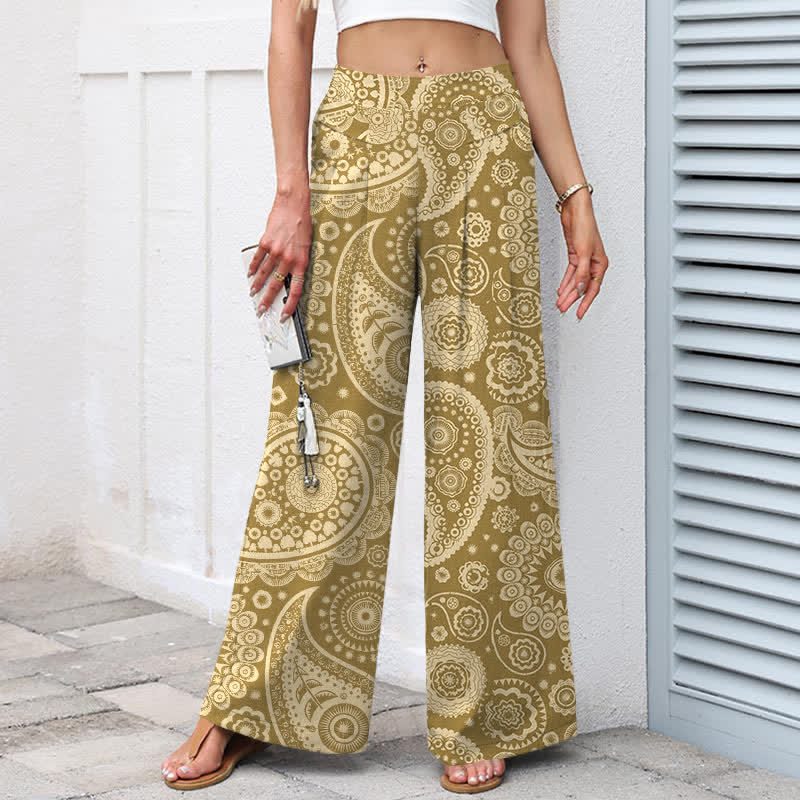 Nimara Ritual Cotton Linen Bohemian Paisley Pattern Women's Elastic Waist Wide Leg Pants With Pockets