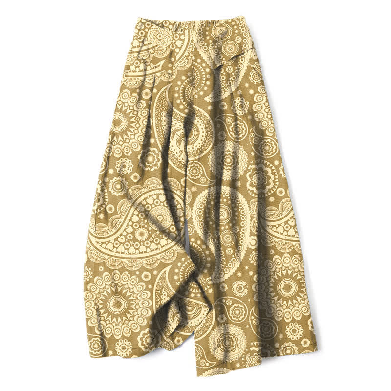 Nimara Ritual Cotton Linen Bohemian Paisley Pattern Women's Elastic Waist Wide Leg Pants With Pockets