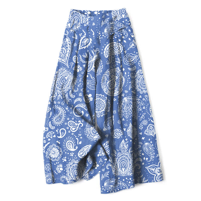 Nimara Ritual Cotton Linen Olive Paisley Pattern Women's Elastic Waist Wide Leg Pants With Pockets
