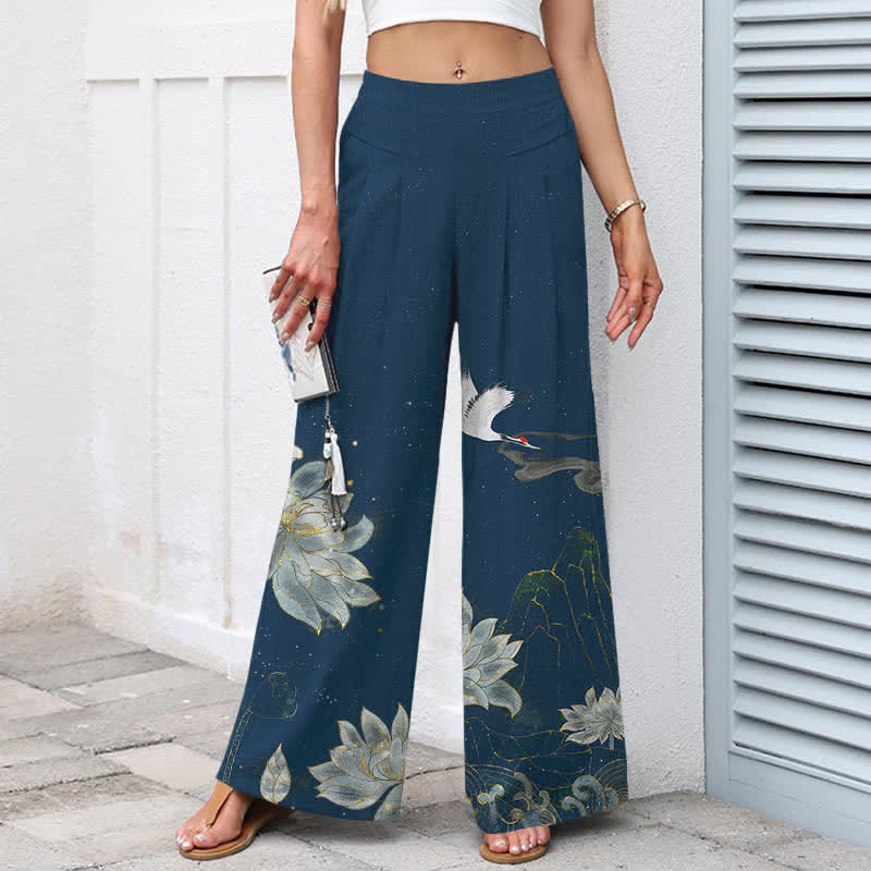 Nimara Ritual Cotton Linen Lotus Crane Pattern Women's Elastic Waist Wide Leg Pants With Pockets