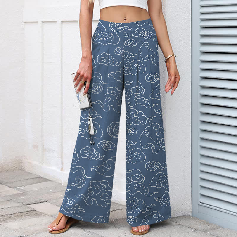 Nimara Ritual Cotton Linen Cloud Pattern Women's Elastic Waist Wide Leg Pants With Pockets