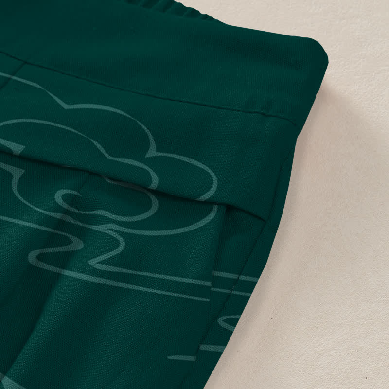 Nimara Ritual Cotton Linen Lotus Line Art Pattern Women's Elastic Waist Wide Leg Pants With Pockets