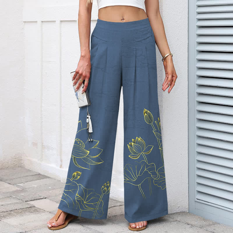 Nimara Ritual Cotton Linen Lotus Line Art Pattern Women's Elastic Waist Wide Leg Pants With Pockets