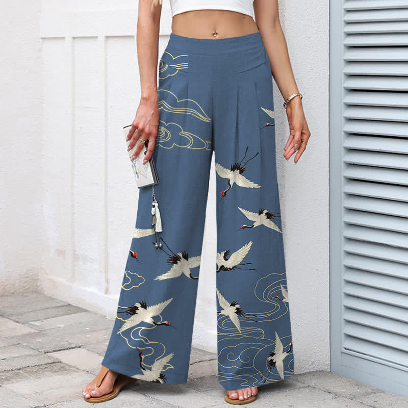 Nimara Ritual Cotton Linen Crane Cloud Pattern Women's Elastic Waist Wide Leg Pants With Pockets