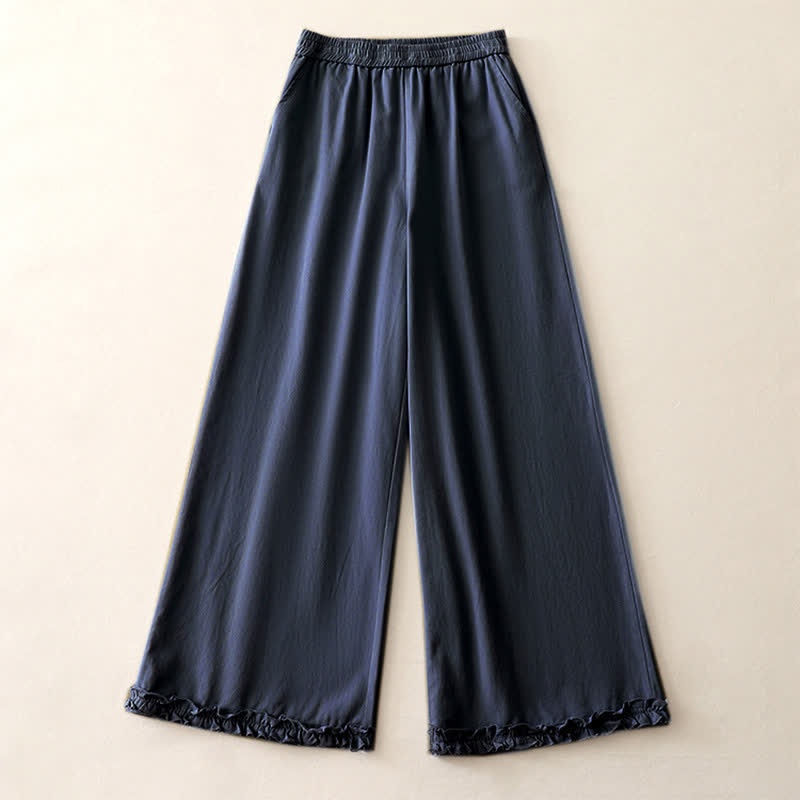 Nimara Ritual Spring Casual Solid Cotton Ruffle Hem Women's Wide Leg Pants With Pockets