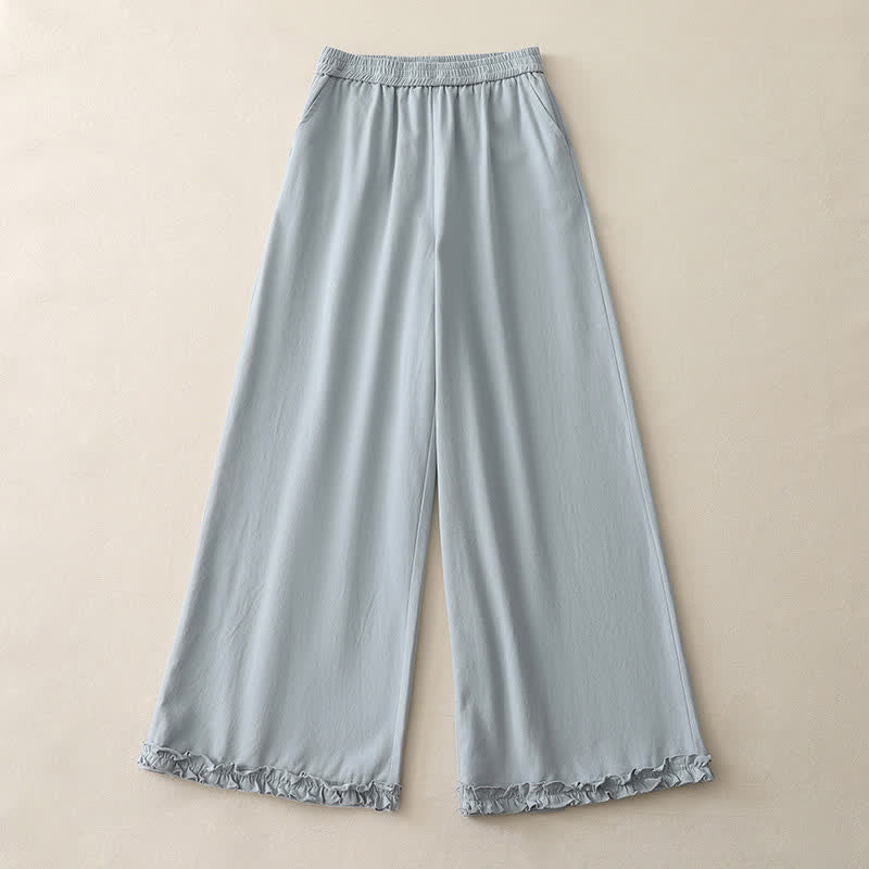 Nimara Ritual Spring Casual Solid Cotton Ruffle Hem Women's Wide Leg Pants With Pockets