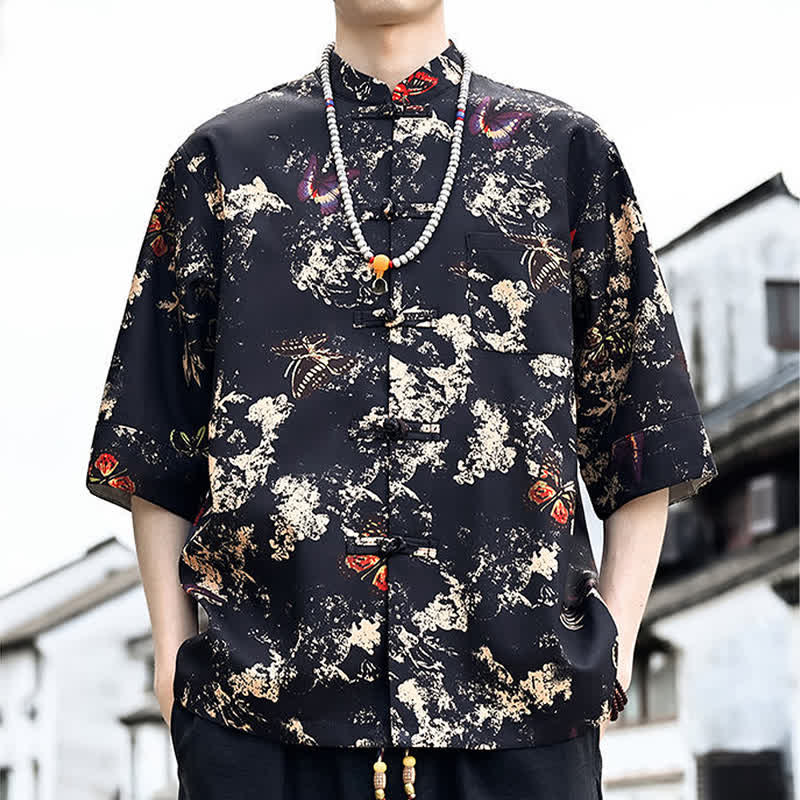 Nimara Ritual Summer Tang Style Frog Button Floral Leaves Butterfly Print Men's Elbow-Length Sleeve Shirt With Chest Pocket