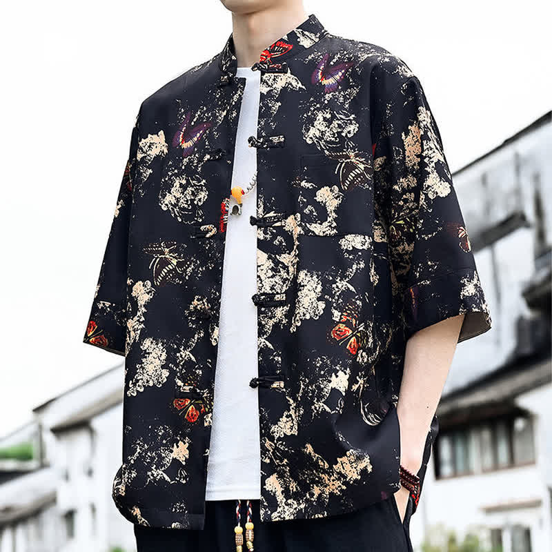 Nimara Ritual Summer Tang Style Frog Button Floral Leaves Butterfly Print Men's Elbow-Length Sleeve Shirt With Chest Pocket