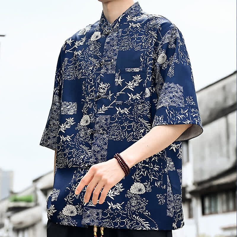 Nimara Ritual Summer Tang Style Frog Button Floral Leaves Butterfly Print Men's Elbow-Length Sleeve Shirt With Chest Pocket