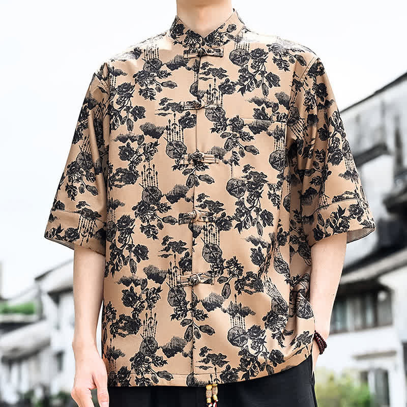 Nimara Ritual Summer Tang Style Frog Button Floral Leaves Butterfly Print Men's Elbow-Length Sleeve Shirt With Chest Pocket