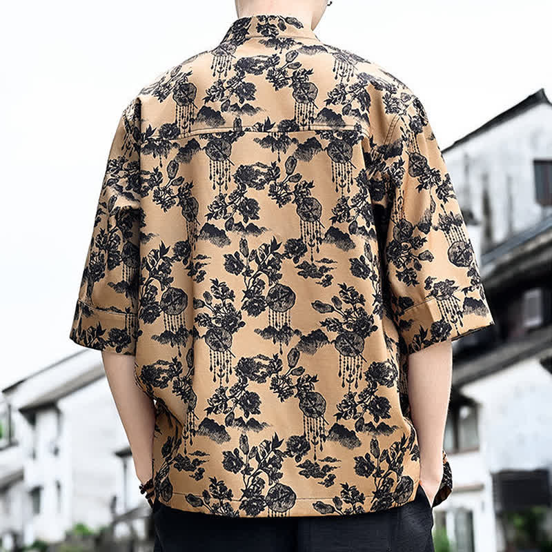 Nimara Ritual Summer Tang Style Frog Button Floral Leaves Butterfly Print Men's Elbow-Length Sleeve Shirt With Chest Pocket