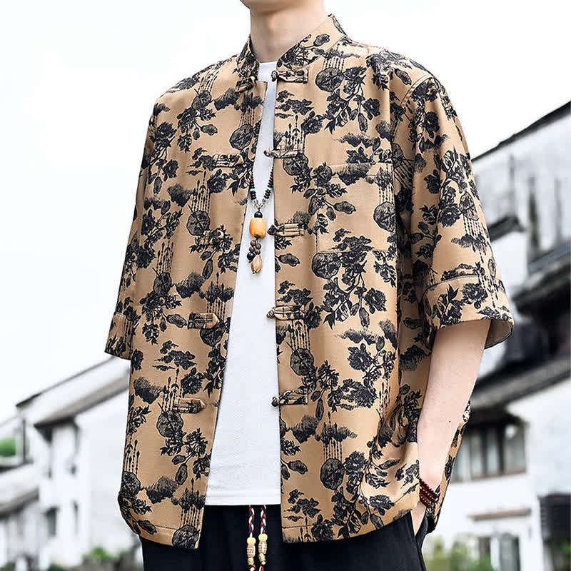Nimara Ritual Summer Tang Style Frog Button Floral Leaves Butterfly Print Men's Elbow-Length Sleeve Shirt With Chest Pocket
