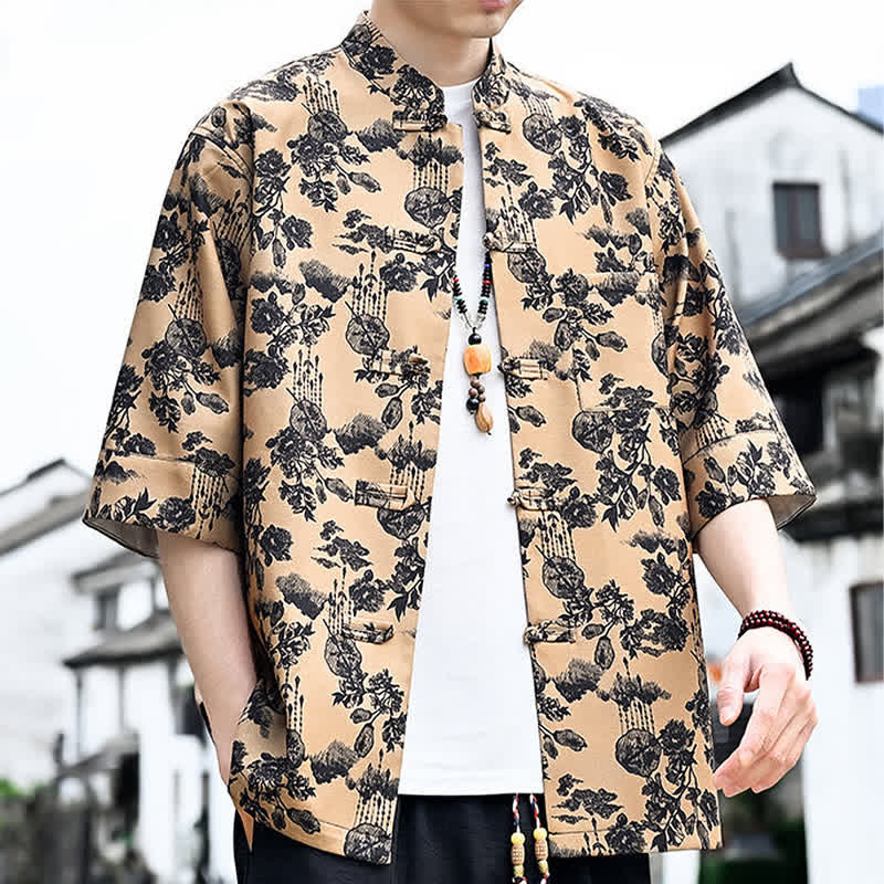Nimara Ritual Summer Tang Style Frog Button Floral Leaves Butterfly Print Men's Elbow-Length Sleeve Shirt With Chest Pocket