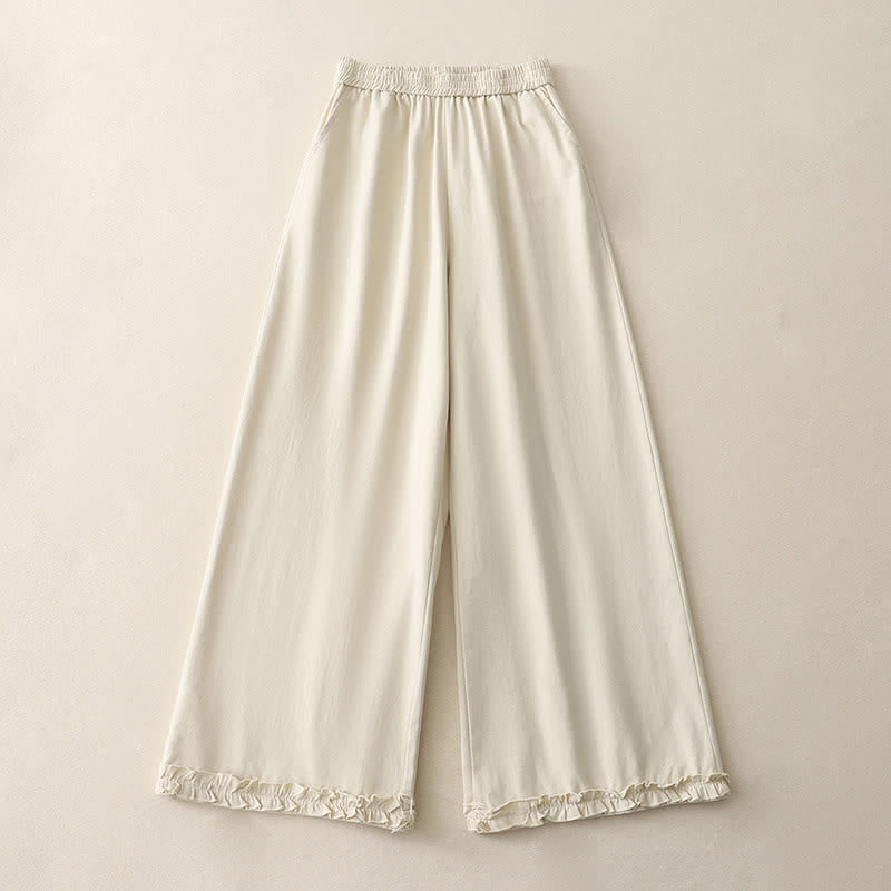 Nimara Ritual Spring Casual Solid Cotton Ruffle Hem Women's Wide Leg Pants With Pockets