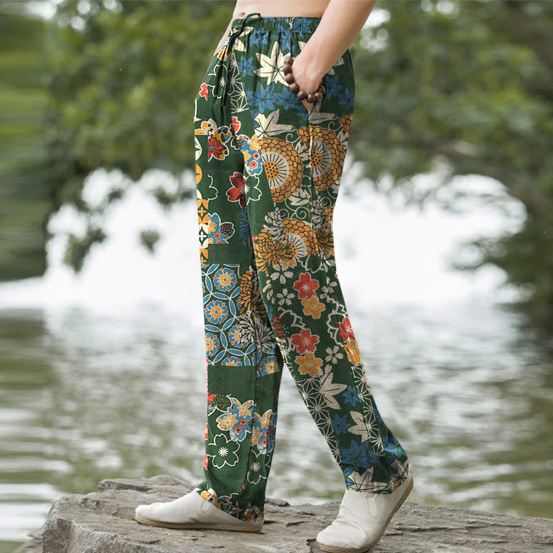 Nimara Ritual Cotton Bohemian Floral Patchwork Pattern Men's Tapered Pants With Pockets
