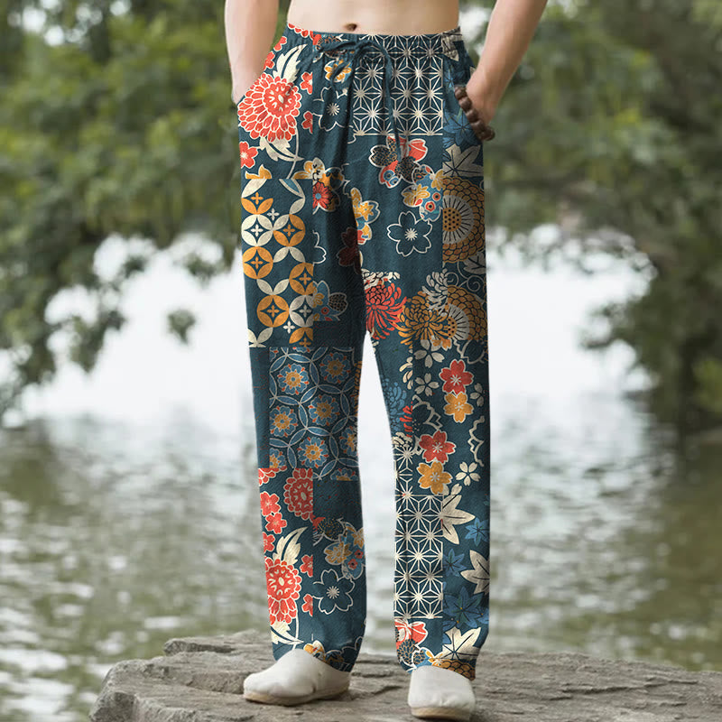 Nimara Ritual Cotton Bohemian Floral Patchwork Pattern Men's Tapered Pants With Pockets
