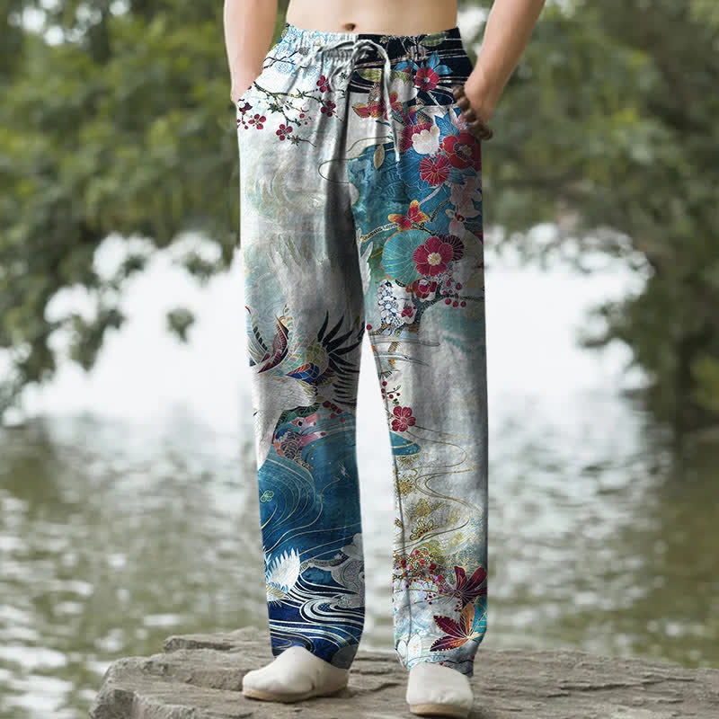 Nimara Ritual Cotton White Crane Wave Pattern Men's Tapered Pants With Pockets