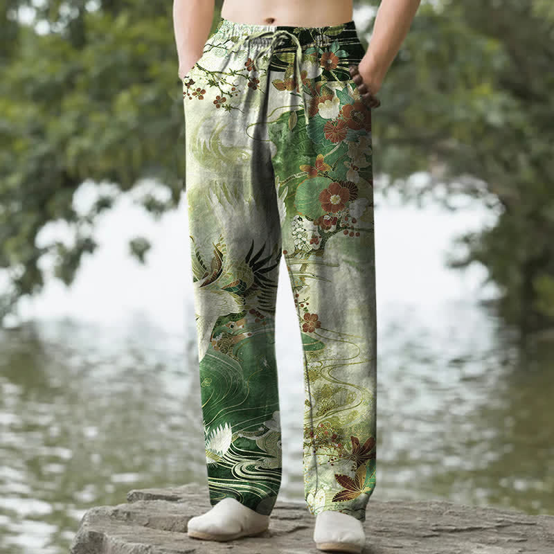Nimara Ritual Cotton White Crane Wave Pattern Men's Tapered Pants With Pockets