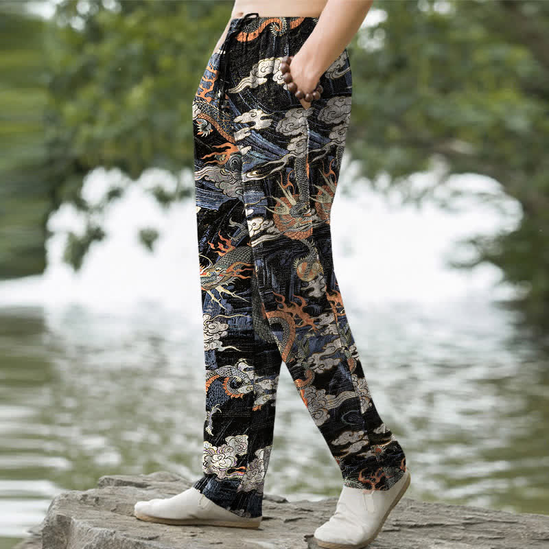Nimara Ritual Cotton Dragon Cloud Pattern Men's Tapered Pants With Pockets