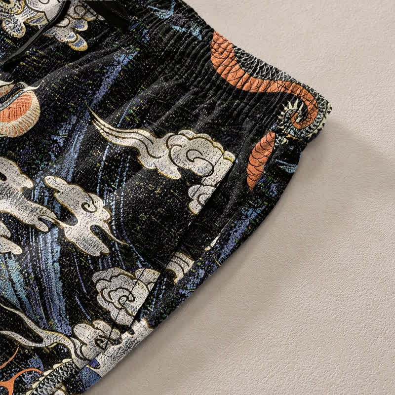 Nimara Ritual Cotton Dragon Cloud Pattern Men's Tapered Pants With Pockets