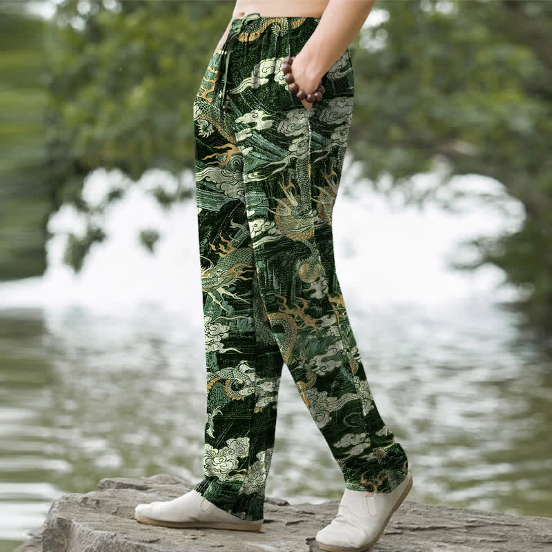 Nimara Ritual Cotton Dragon Cloud Pattern Men's Tapered Pants With Pockets