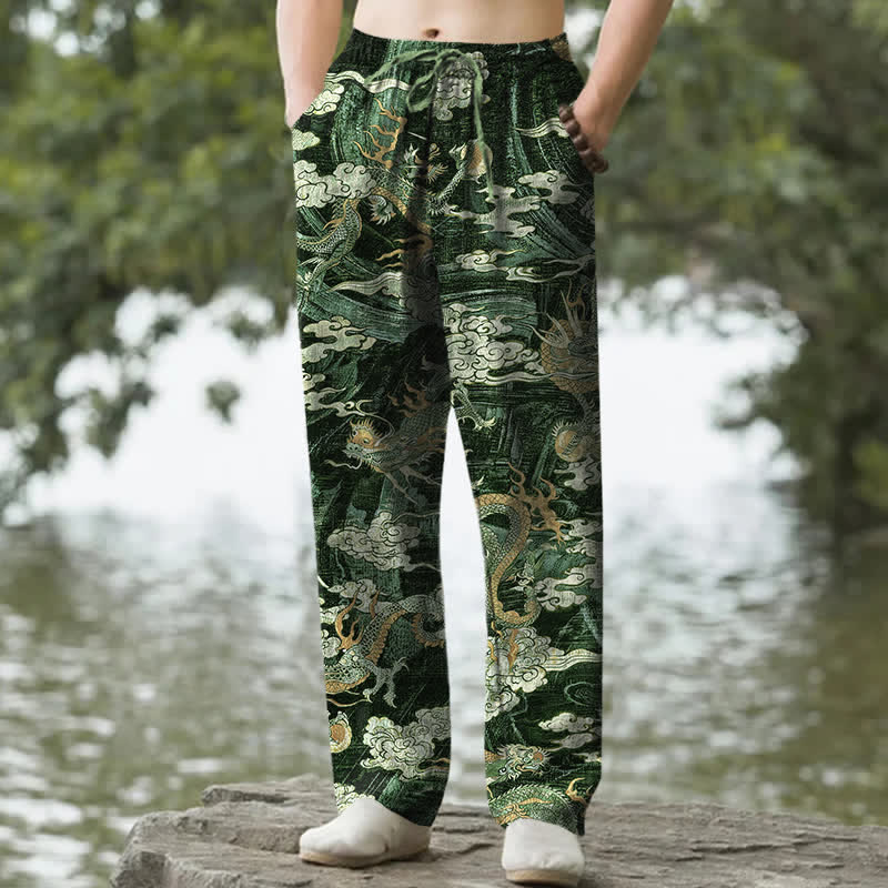 Nimara Ritual Cotton Dragon Cloud Pattern Men's Tapered Pants With Pockets