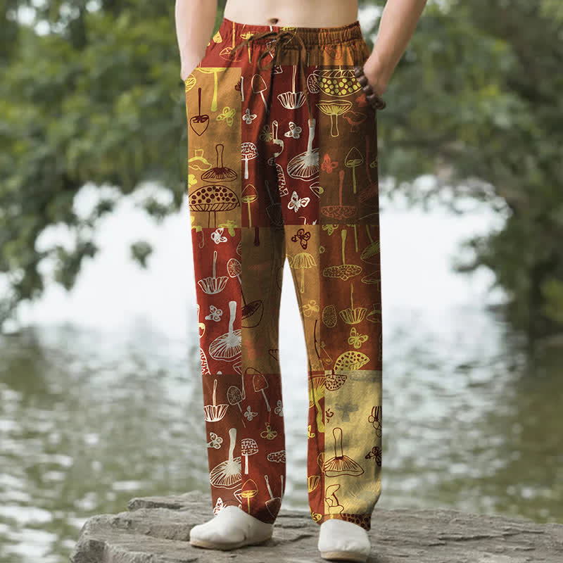 Nimara Ritual Cotton Mushroom Botanical Pattern Men's Tapered Pants With Pockets