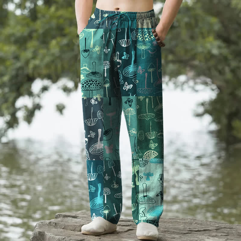 Nimara Ritual Cotton Mushroom Botanical Pattern Men's Tapered Pants With Pockets